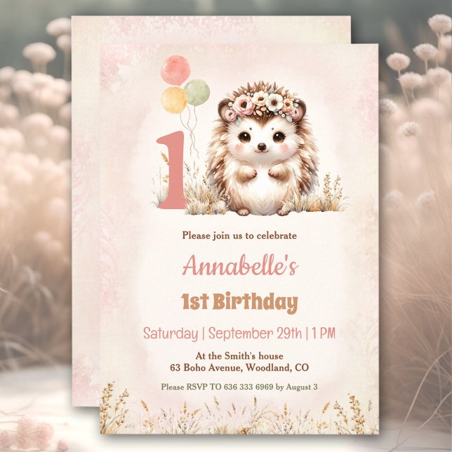 Cute Hedgehog Woodland Boho Girl 1st Birthday  Invitation (Cute Hedgehog Woodland Boho Girl 1st Birthday Invitation)