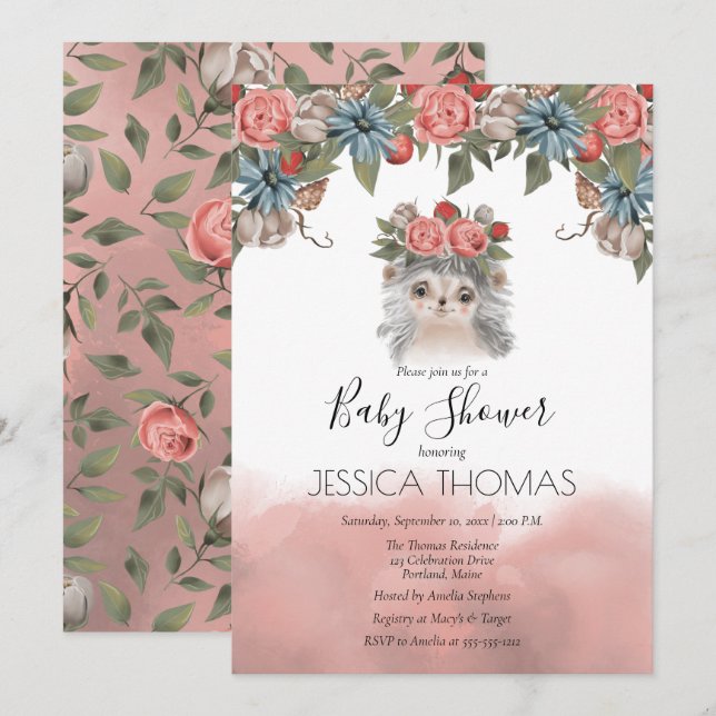 Cute Hedgehog Woodland Floral Girl Baby Shower Invitation (Front/Back)