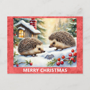 Cute Hedgehog Woodland Forest Merry Christmas Postcard
