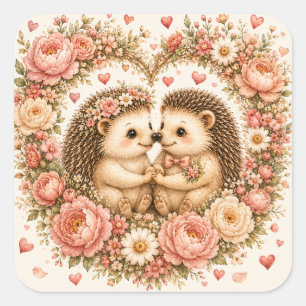 Cute Hedgehogs In Love Floral Heart Valentine Square Sticker