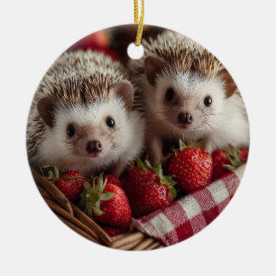 Cute Hedgehogs Peeking from a Strawberry Basket Ceramic Tree Decoration