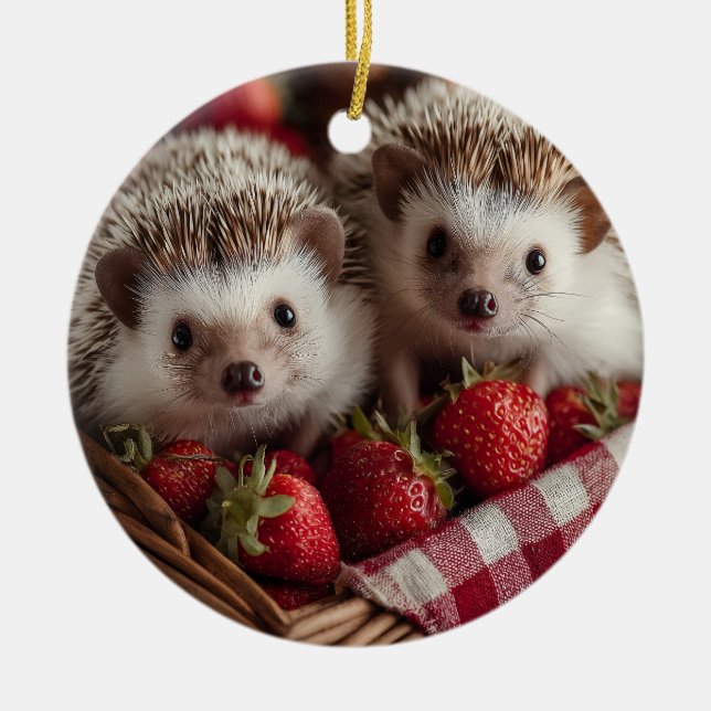 Cute Hedgehogs Peeking from a Strawberry Basket Ceramic Tree Decoration (Front)