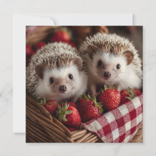 Cute Hedgehogs Peeking from a Strawberry Basket Holiday Card
