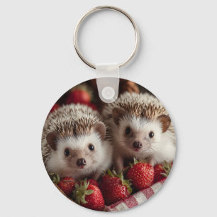 Cute Hedgehogs Peeking from a Strawberry Basket Key Ring