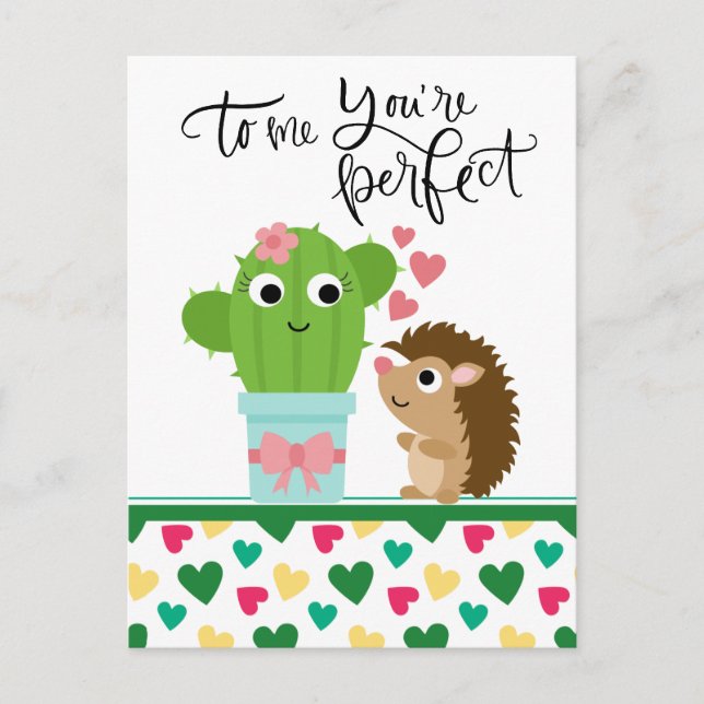 Cute Hedgehog's Valentine | Cactus You're Perfect Holiday Postcard (Front)