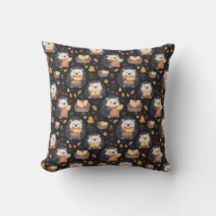 Cute Hedgehogs with Bread and Autumn Leaves Cushion
