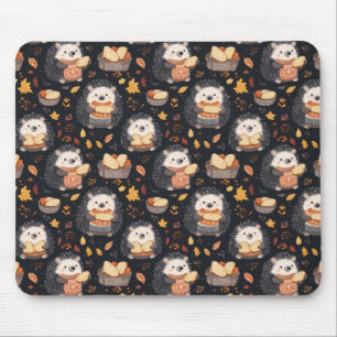 Cute Hedgehogs with Bread and Autumn Leaves Mouse Mat