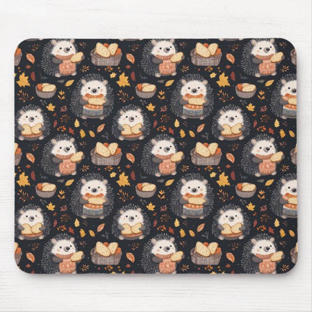 Cute Hedgehogs with Bread and Autumn Leaves  Mouse Mat (Front)