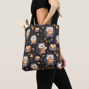 Cute Hedgehogs with Bread and Autumn Leaves Tote Bag