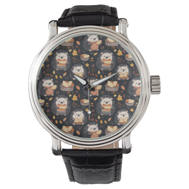 Cute Hedgehogs with Bread and Autumn Leaves  Watch (Front)