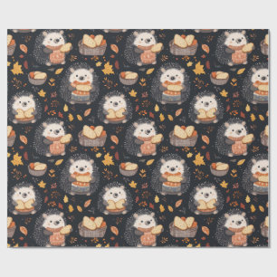 Cute Hedgehogs with Bread and Autumn Leaves Wrapping Paper