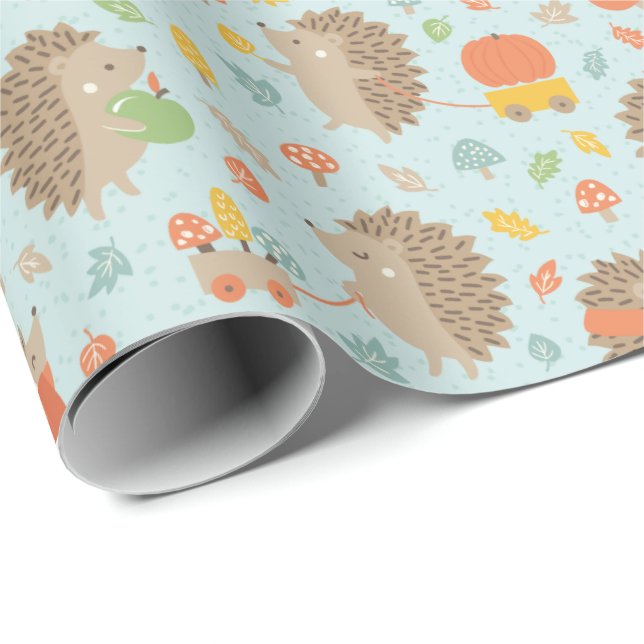 Cute Hedgehogs with Little Leaves Blue Wrapping Paper (Roll Corner)
