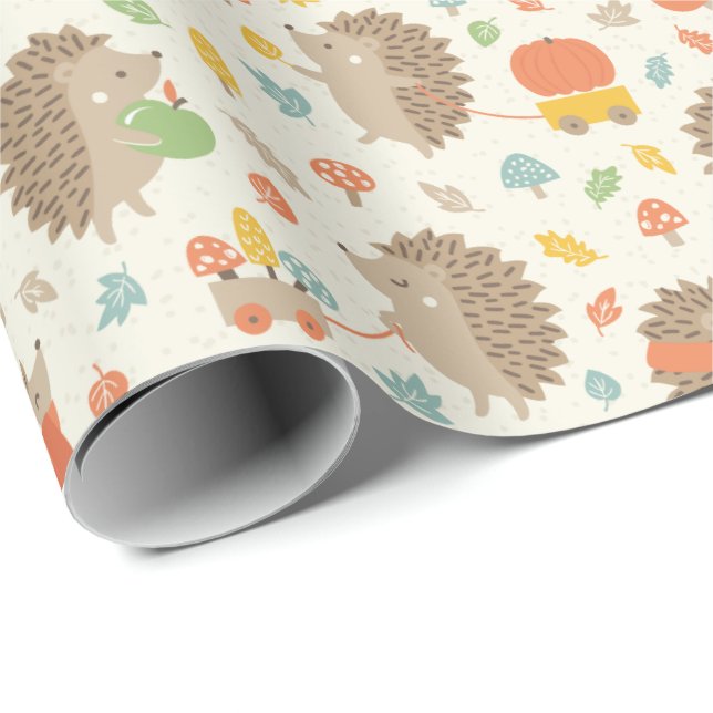 Cute Hedgehogs with Little Leaves Cream Wrapping Paper (Roll Corner)