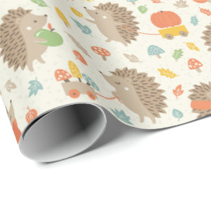 Cute Hedgehogs with Little Leaves Wrapping Paper