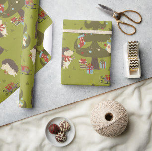 Cute Hedgehogs With Xmas Tree and Sleigh Kids Wrapping Paper