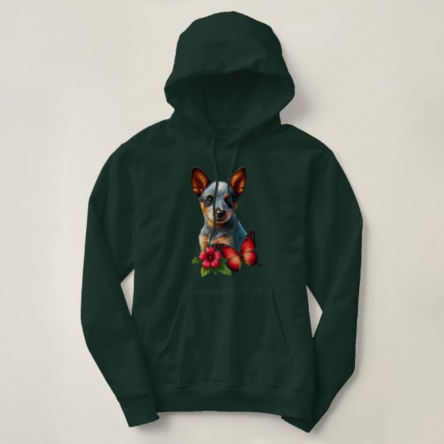 Cute Heeler Puppy With Butterfly and Flower  Hoodie (Design Front)