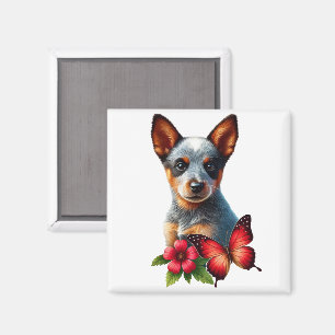 Cute Heeler Puppy With Butterfly and Flower  Magnet