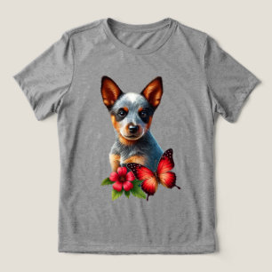 Cute Heeler Puppy With Butterfly and Flower Tri-Blend Shirt