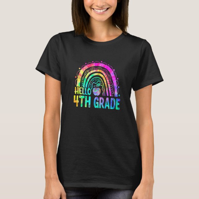 Cute Hello 4th Grade Rainbow Tie Dye Back To Schoo T-Shirt (Front)