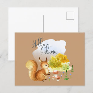 cute hello Autumn squirrel word art Postcard