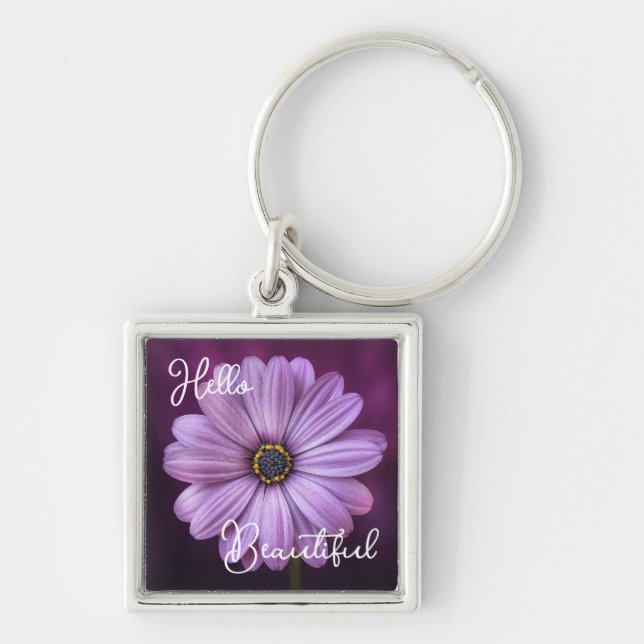 Cute Hello Beautiful Lavender Daisy Flower Key Ring (Front)