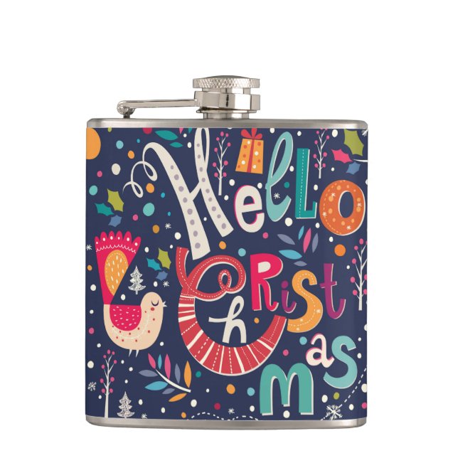 Cute Hello Christmas Colourful Retro Text Design Hip Flask (Front)