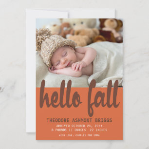Cute Hello Fall Autumn Baby Birth Photo Announcement