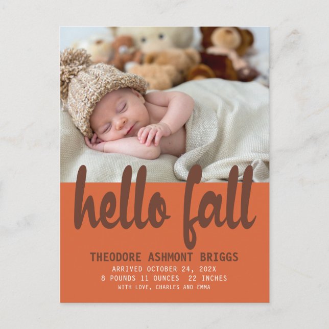 Cute Hello Fall Autumn Baby Birth Photo Announcement Postcard (Front)