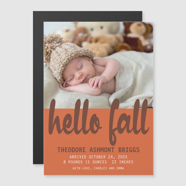 Cute Hello Fall Autumn Baby Birth Photo Magnetic Invitation (Front/Back)