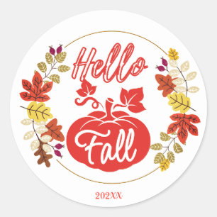 Cute Hello Fall Autumn Leaves Pumpkin Thanksgiving Classic Round Sticker