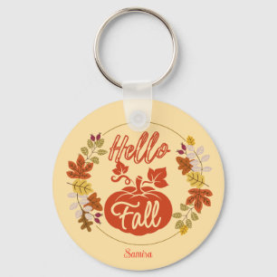 Cute Hello Fall Autumn Leaves Pumpkin Thanksgiving Key Ring