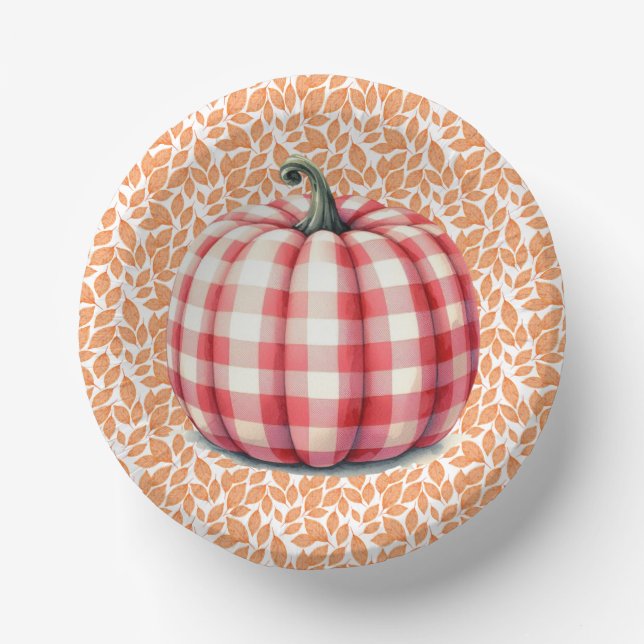 Cute hello fall plaid pumpkin paper plate (Front)
