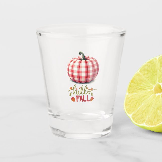 Cute hello fall plaid pumpkin shot glass (Front)