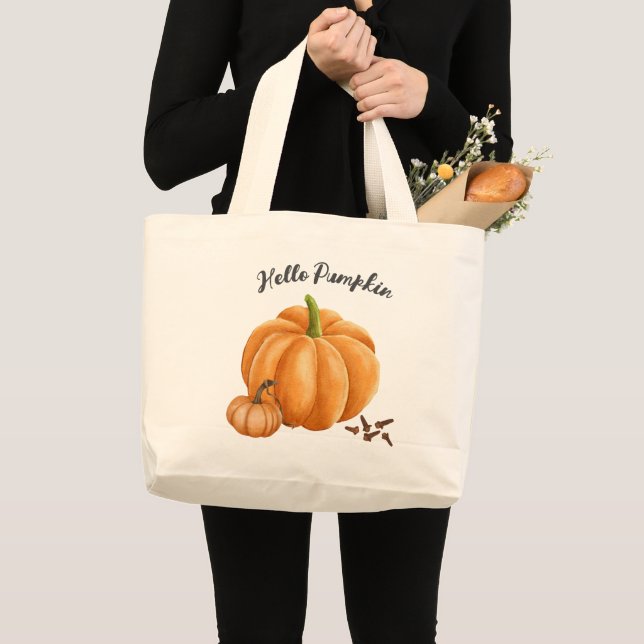 Cute Hello Pumpkin Spice Cosy Fall Large Tote Bag (Front (Product))
