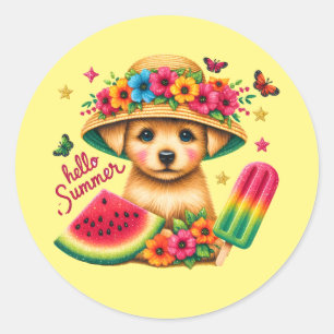 Cute hello Summer dog Classic Round Sticker