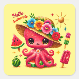 Cute hello Summer octopus party Square Sticker