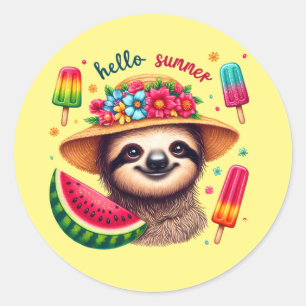 Cute hello Summer sloth  Classic Round Sticker
