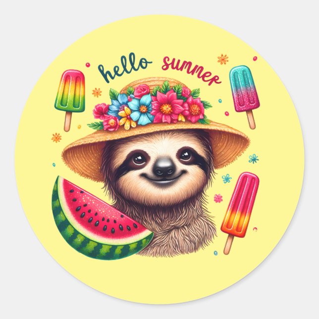 Cute hello Summer sloth  Classic Round Sticker (Front)
