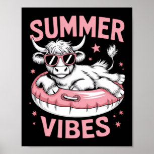 Cute Hello Summer Vibes Highland Cow Funny Beach Poster