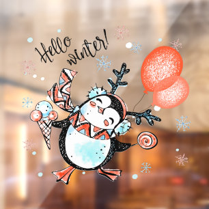 Cute Hello Winter Happy Penguin Reindeer Antlers Window Cling
