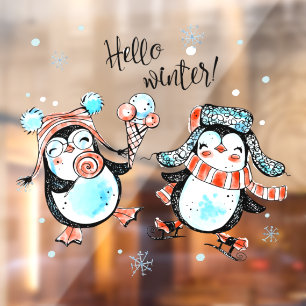 Cute Hello Winter Happy Penguin's Shop Window Cling