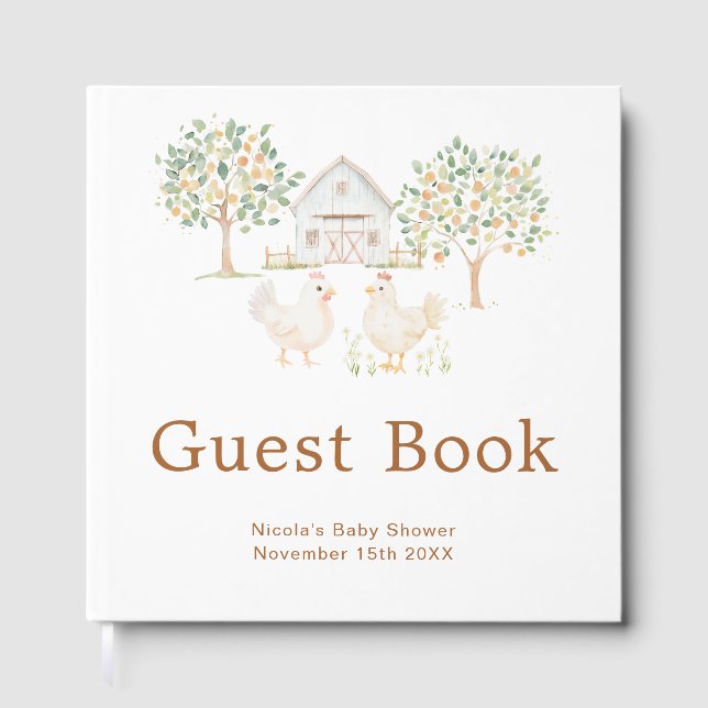 Cute Hens Farm Barn Baby Shower Guest Book (Front)