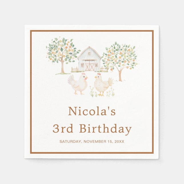 Cute Hens Farm Barn Birthday Party Napkin (Front)
