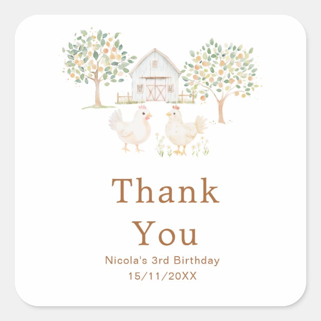 Cute Hens Farm Barn Birthday Party Square Sticker (Front)