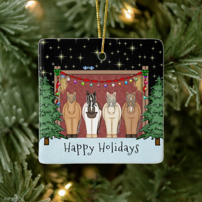 Cute Herd of Horses Personalised Horse Christmas C Ceramic Ornament (Tree)