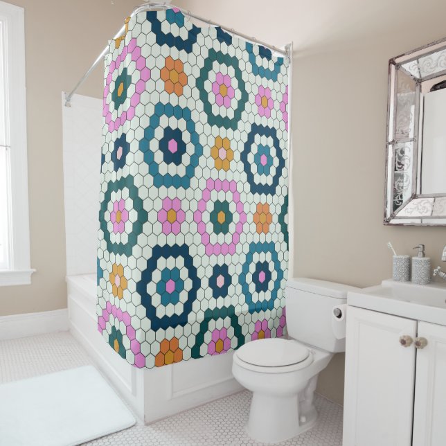 Cute Hexagon Shapes Tile Pattern Retro Teal Pink   Shower Curtain (In Situ)