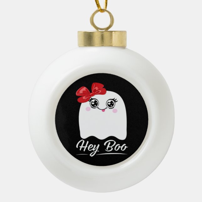 Cute Hey Boo Halloween Ceramic Ball Christmas Ornament (Front)