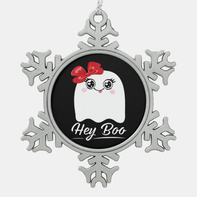 Cute Hey Boo Halloween Snowflake Pewter Christmas Ornament (Front)