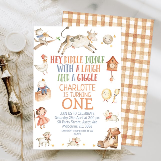 Cute Hey Diddle Diddle Nursery Rhyme 1st Birthday Invitation (Modern minimalist hey diddle diddle with a laugh and giggle nursery rhyme first birthday invitation )