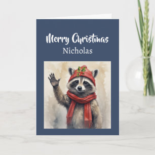 Cute Hi & Merry Christmas Cute Raccoon Animal Holiday Card